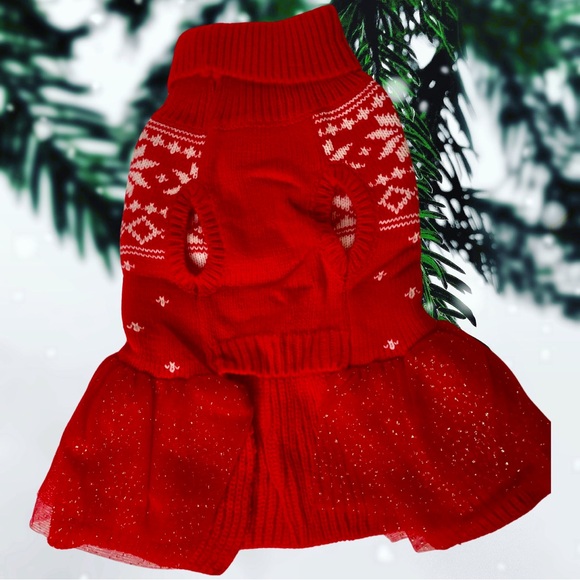 JVVGPET Christmas Sweater Dress for Dogs, Red and White Snowflake Pattern, Sz XS - Picture 4 of 7